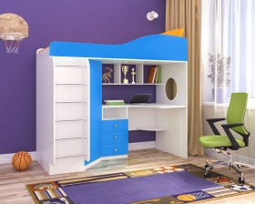 Кровать-чердак Кадет-1 с металлической лестницей Белое дерево/Голубой в Асино - asino.katalogmebeli.com | фото