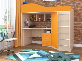 Кровать-чердак Кадет-1 с металлической лестницей Дуб молочный/Оранжевый в Асино - asino.katalogmebeli.com | фото 1