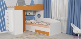 Кровать-чердак Кадет-2 угловая с металлической лестницей Белое дерево/Оранжевый в Асино - asino.katalogmebeli.com | фото