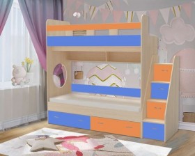 Кровать двухъярусная Юниор-1  с бортиком Дуб молочный/Голубой/Оранжевый в Асино - asino.katalogmebeli.com | фото