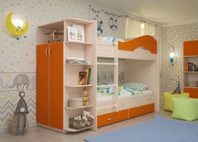 Кровать Мая двухъярусная с ящиками и шкафом Млечный дуб/Оранжевый в Асино - asino.katalogmebeli.com | фото 1