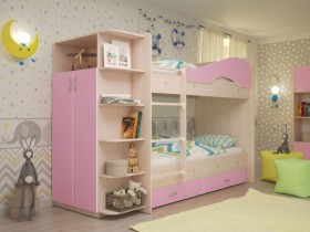 Кровать Мая двухъярусная с ящиками и шкафом Млечный дуб/Розовый в Асино - asino.katalogmebeli.com | фото