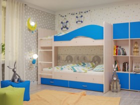 Кровать Мая двухъярусная с ящикамиМлечный дуб/Голубой в Асино - asino.katalogmebeli.com | фото