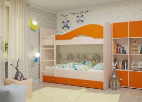 Кровать Мая двухъярусная с ящикамиМлечный дуб/Оранжевый в Асино - asino.katalogmebeli.com | фото
