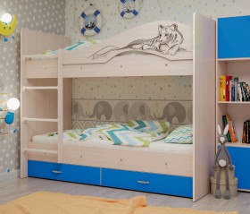 Кровать Мая-Сафари двухъярусная с ящикамиМлечный дуб/Голубой в Асино - asino.katalogmebeli.com | фото