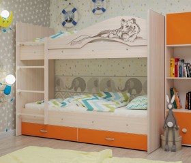 Кровать Мая-Сафари двухъярусная с ящикамиМлечный дуб/Оранжевый в Асино - asino.katalogmebeli.com | фото 1