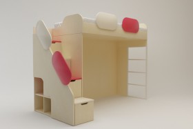 Кровать второй ярус с лестницей Бэрри (Бежевый/Красный/корпус Клен) в Асино - asino.katalogmebeli.com | фото 1